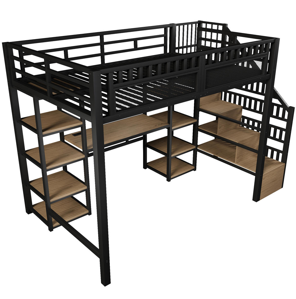 HOCHBETT 140/200 cm aus Metall mit Schreibtisch, Stauraumleiter und LED-Lichtleiste Schwarz - Schwarz, Metall (140/200cm) - Modenvie