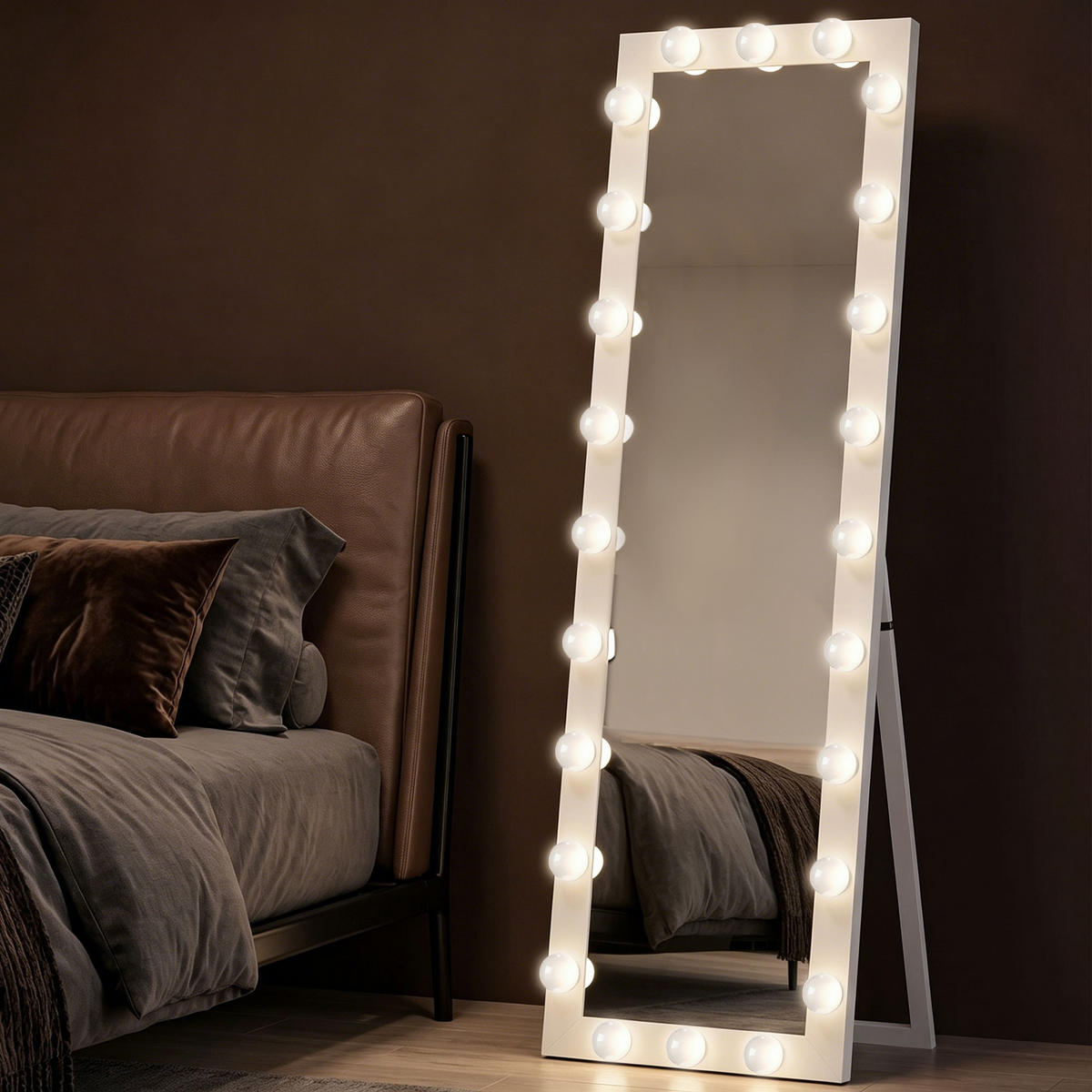 STANDSPIEGEL DE-09886 LED mit 24 Glühbirnen, 3 Lichtfarben Weiß - Weiß, Glas (40/150/4cm) - ComfortXL
