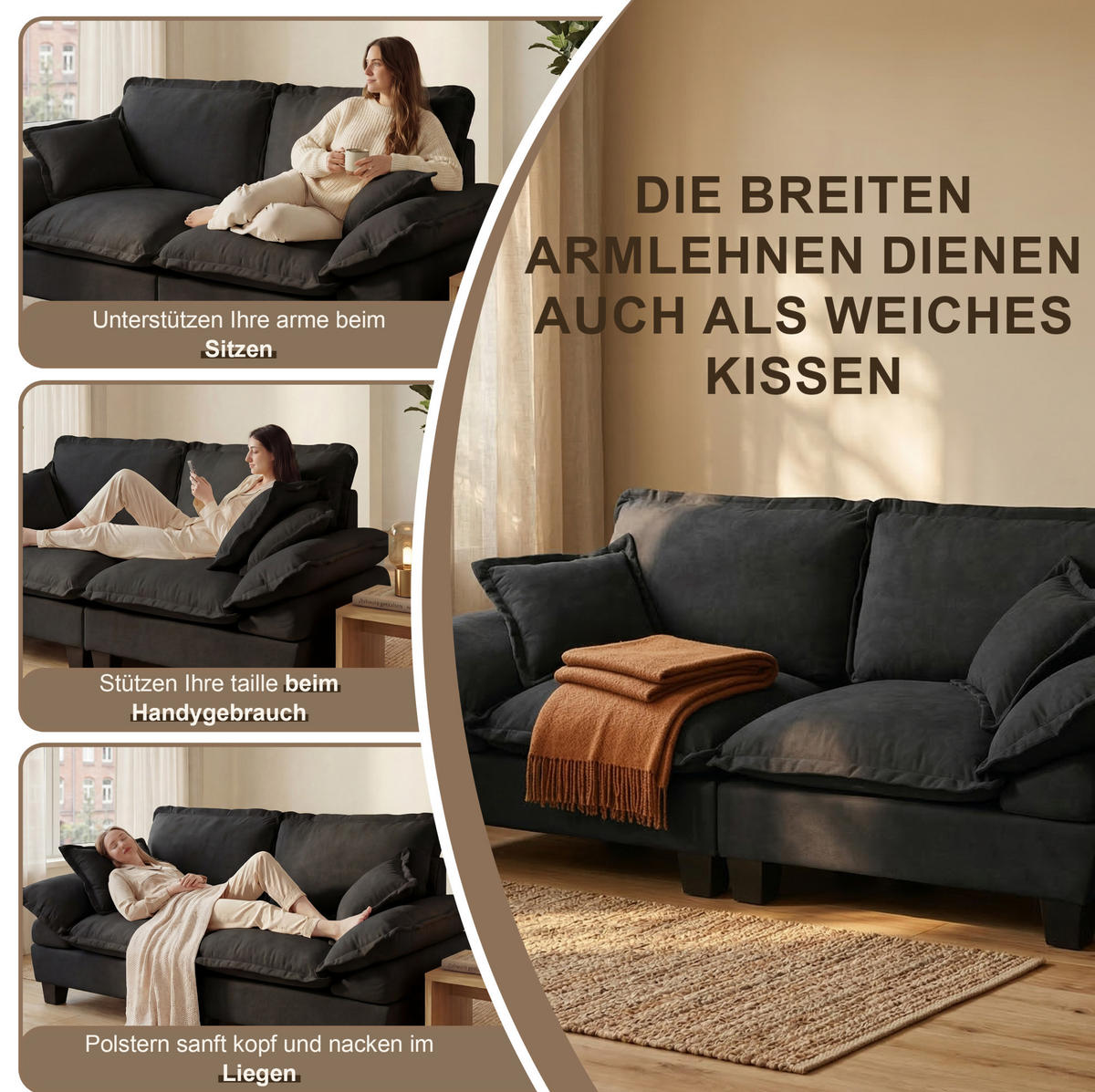 ECKSOFA 263/151/90 cm schwarz aus Chenille mit 2 Ottomanen - Schwarz, Textil (151/263cm) - OKWISH