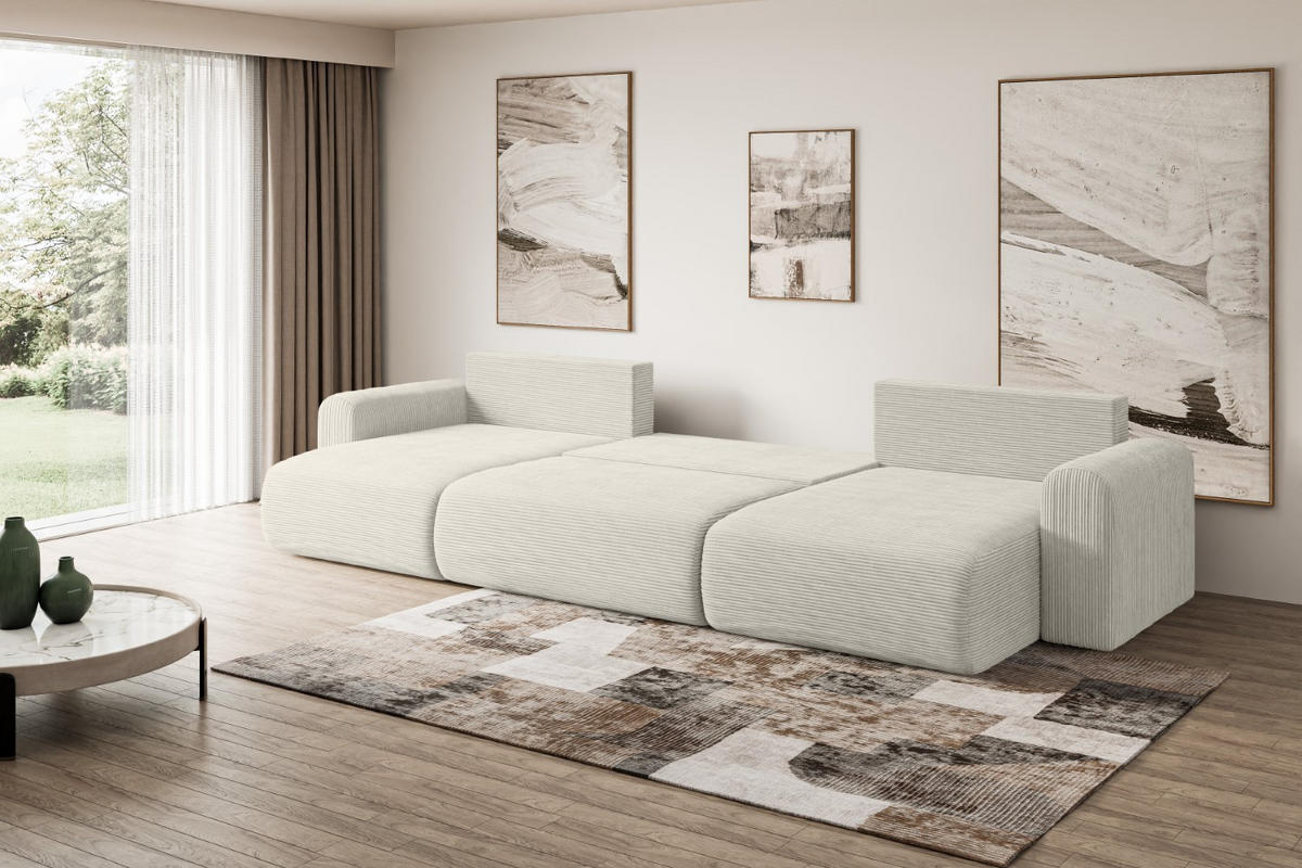 WOHNLANDSCHAFT mit Schlaffunktion und Bettkasten ORRO-U - 362x145x83 cm Creme Cord - Hellgrau/Creme, Holzwerkstoff/Kunststoff (362/83/145cm) - ALTDECOR