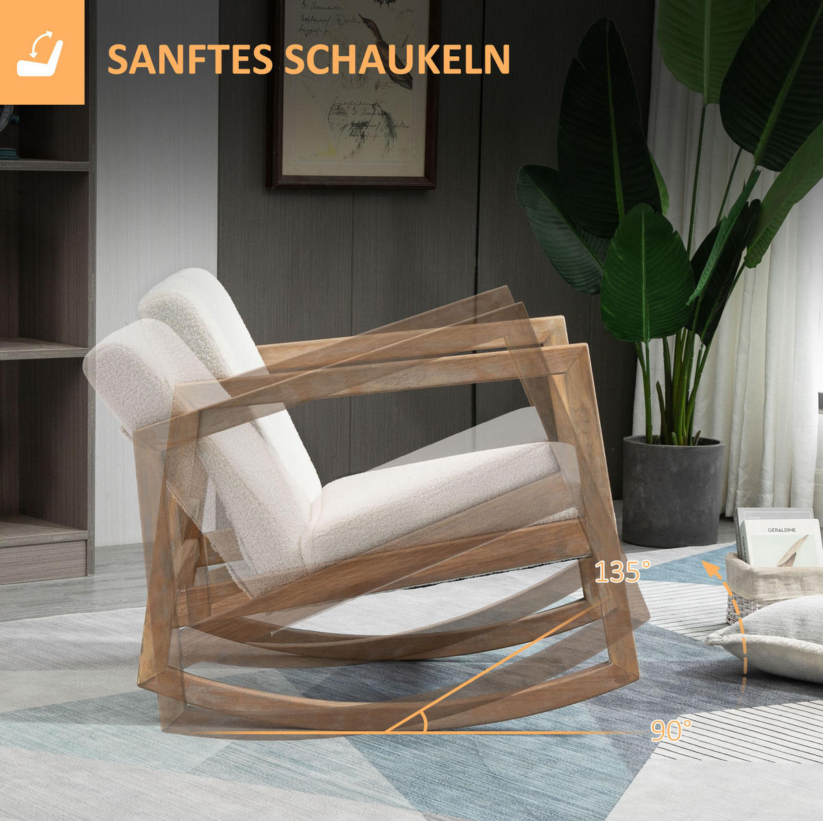 SCHAUKELSTUHL 81/60/71 cm cremeweiß aus Kautschukholz gepolstert - Creme, Textil (81/71/60cm) - OKWISH