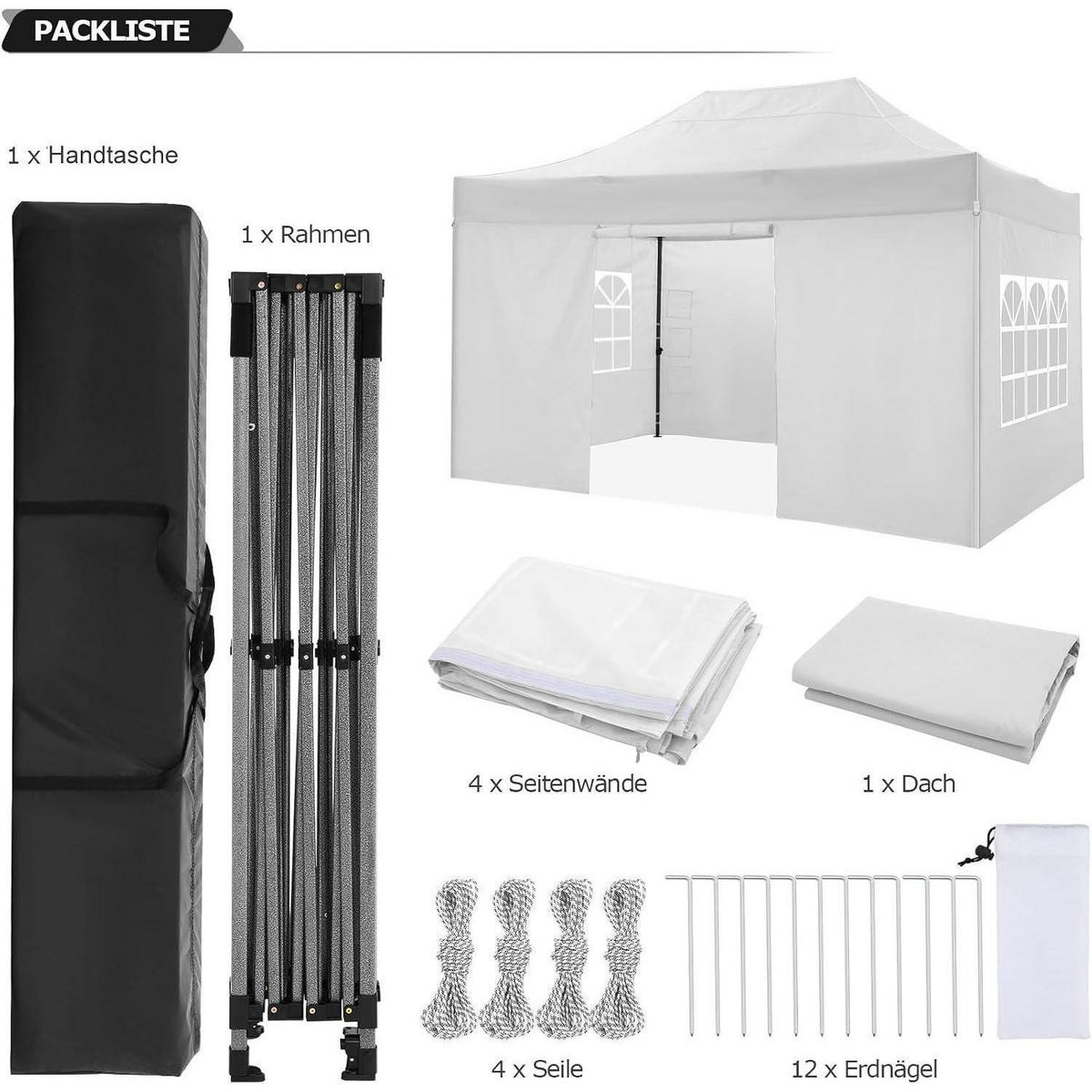 FALTPAVILLON 3 x 4,5 m Weiß Wasserdicht mit 4 Seitenwänden - Weiß, Textil (300/322/450cm)