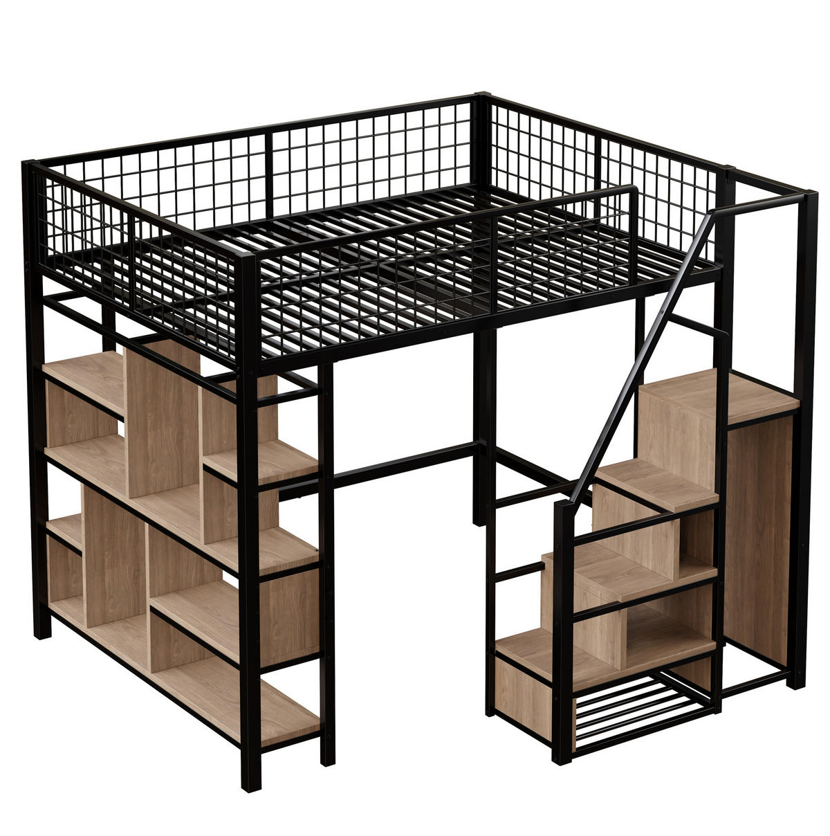 HOCHBETT 140/200 cm aus Metall und Holzwerkstoff mit Stauraumtreppe und offenem Arbeitsbereich, Schwarz - Schwarz, Metall (140/200cm) - Redom