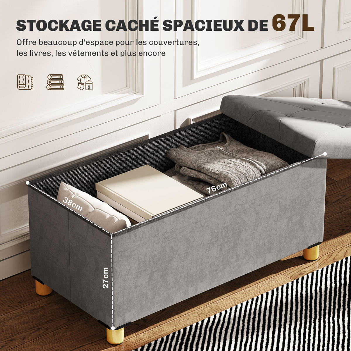 TRUHENBANK DE-16388 klappbar mit Stauraum und Knopfheftung Grau - Grau, Textil (76/38/38cm) - ComfortXL