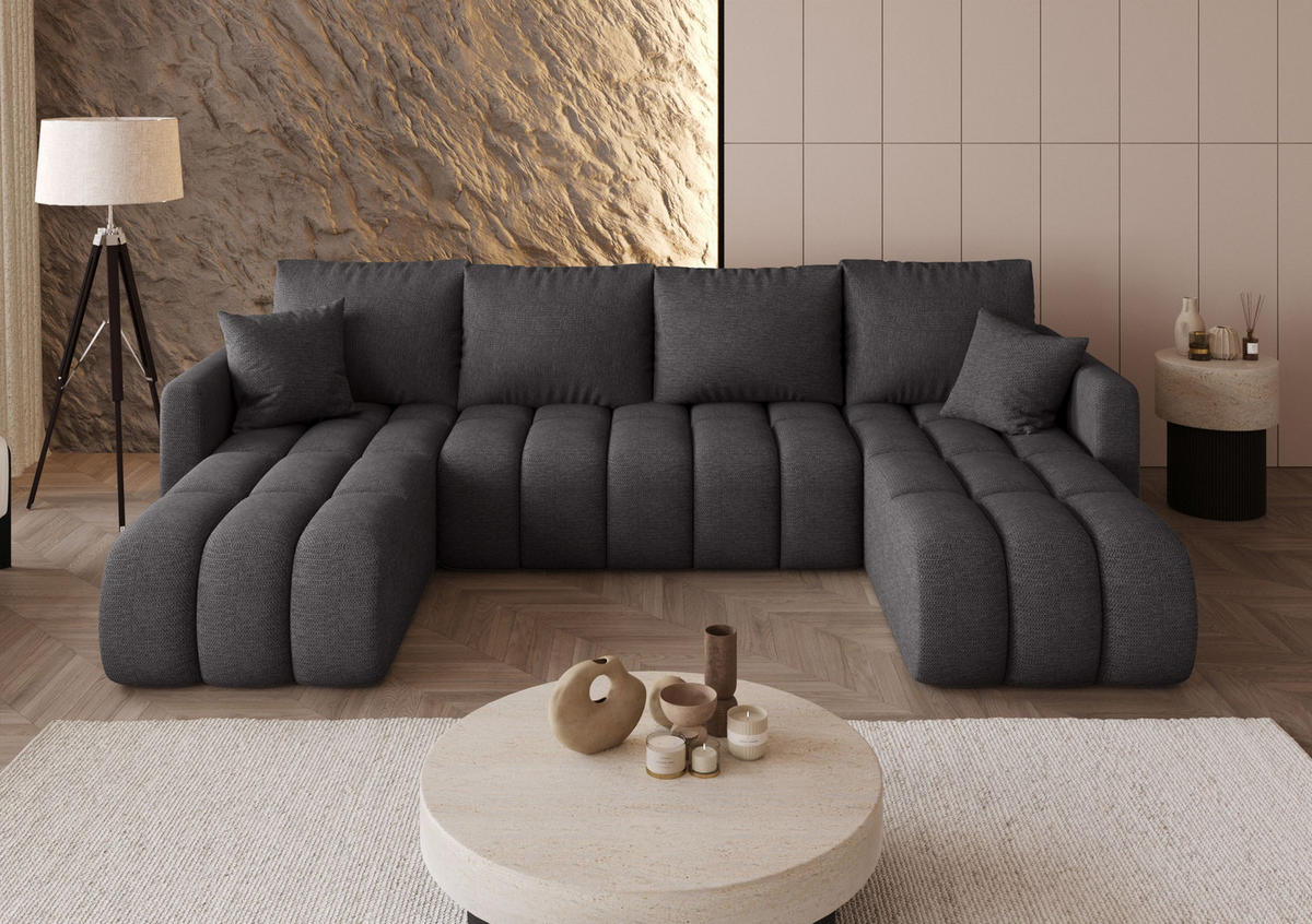 SEDACÍ souprava GARDA tvar U šedá pletená tkanina Aragon 93 - funkce spaní, úložný prostor - šedá, textil (305/88/150cm) - Cornero