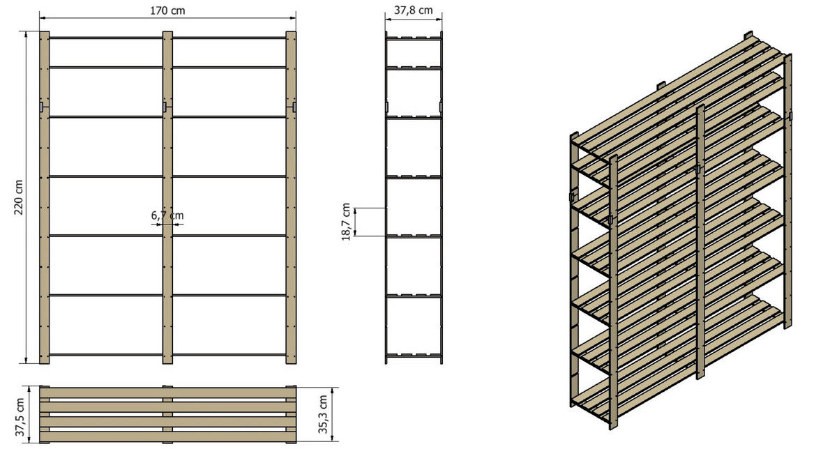 HOLZREGAL PINEPEAK 220x170x38cm 7 Fachboden 1,2cm dickes Kiefernholz Braun - Braun, Holz (170/220/38cm) - PROREGAL