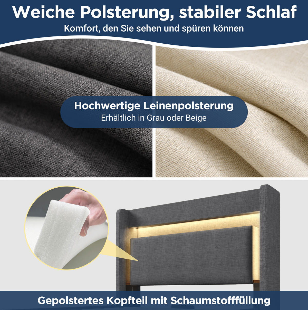 POLSTERBETT 90/200 cm Grau aus Leinen mit Stauraum, LED und USB- & Type-C-Anschlüssen - Grau, Textil (90/200cm) - Flora Grace