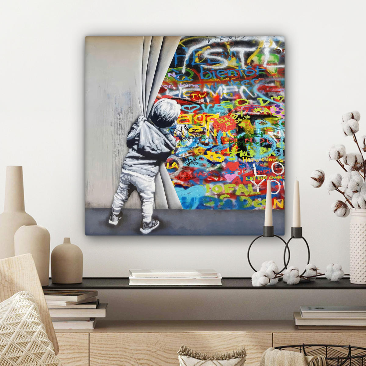 LEINWANDBILD Graffiti - Junge - Ilussie - Straßenkunst Wandbild Wohnzimmer 50x50 cm - Hellgrau, Textil (50/50cm) - MuchoWow