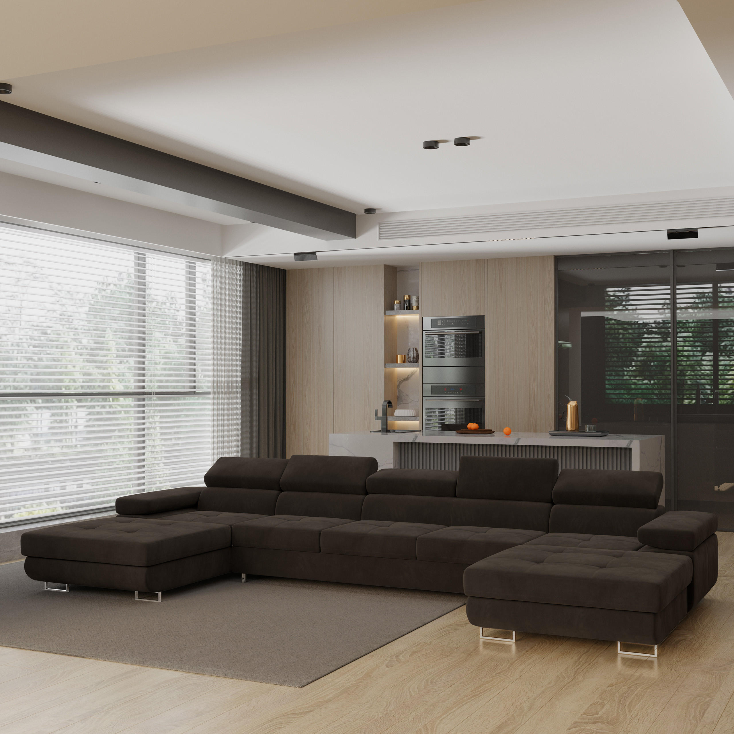 WOHNLANDSCHAFT OMBRA Braun Velours-Stoff mit Schlaffunktion - Braun, Holz (425/90/202cm) - MASSENO