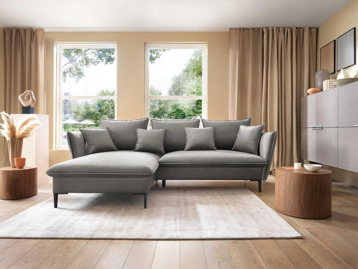 ECKSOFA SOLE Grau Plüsch-Stoff mit Schlaffunktion - Grau, Holz (258/167cm) - MASSENO