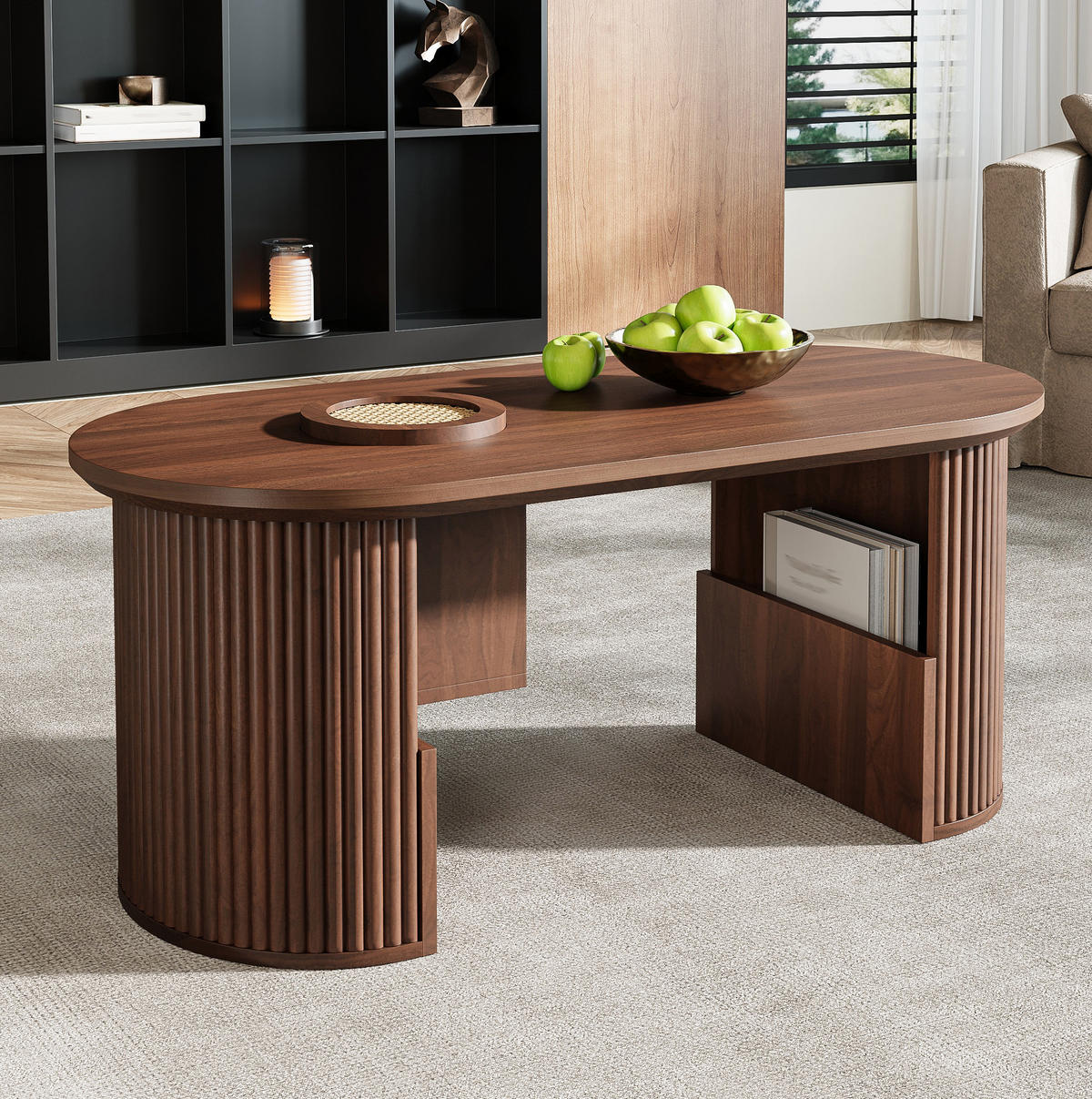 COUCHTISCH 105/50/46,5 cm in Nussbaum mit Ablagefächern und ovaler Form - Nussbaumfarben, Holzwerkstoff (105/50/46.5cm) - Flora Grace