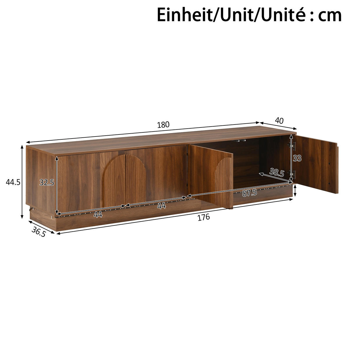 TV-ELEMENT180X40X44,5CM NussbaumRetroDesign mit LEDBeleuchtung PushtoOpen - Walnussfarben, Holz (47.5/18.49/115.49cm) - Raelunyi