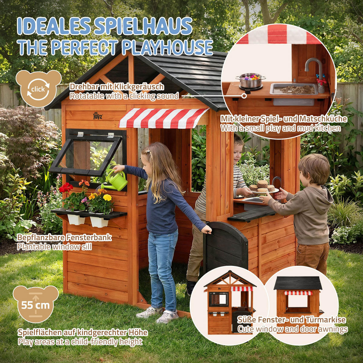 KINDERSPIELHAUS aus Tannenholz massiv 134 x 134 x 156,5 cm Braun - Braun, Holz (134/156.5/134cm) - Joyz