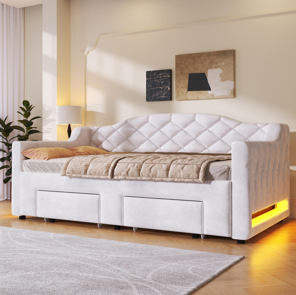 KREVET na razvlačenje 90/200 cm s LED osvjetljenjem i dvjema ladicama, Bijela - bijela, tekstil (90/200cm) - Redom