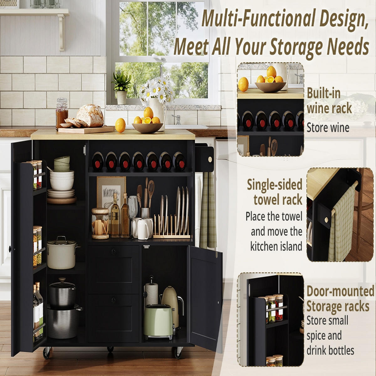 KÜCHENINSEL MOBILE Klappbar mit Weinregal, MDF, 104/69/89 cm - Naturfarben, Kunststoff (69/89/104cm) - Rolipo