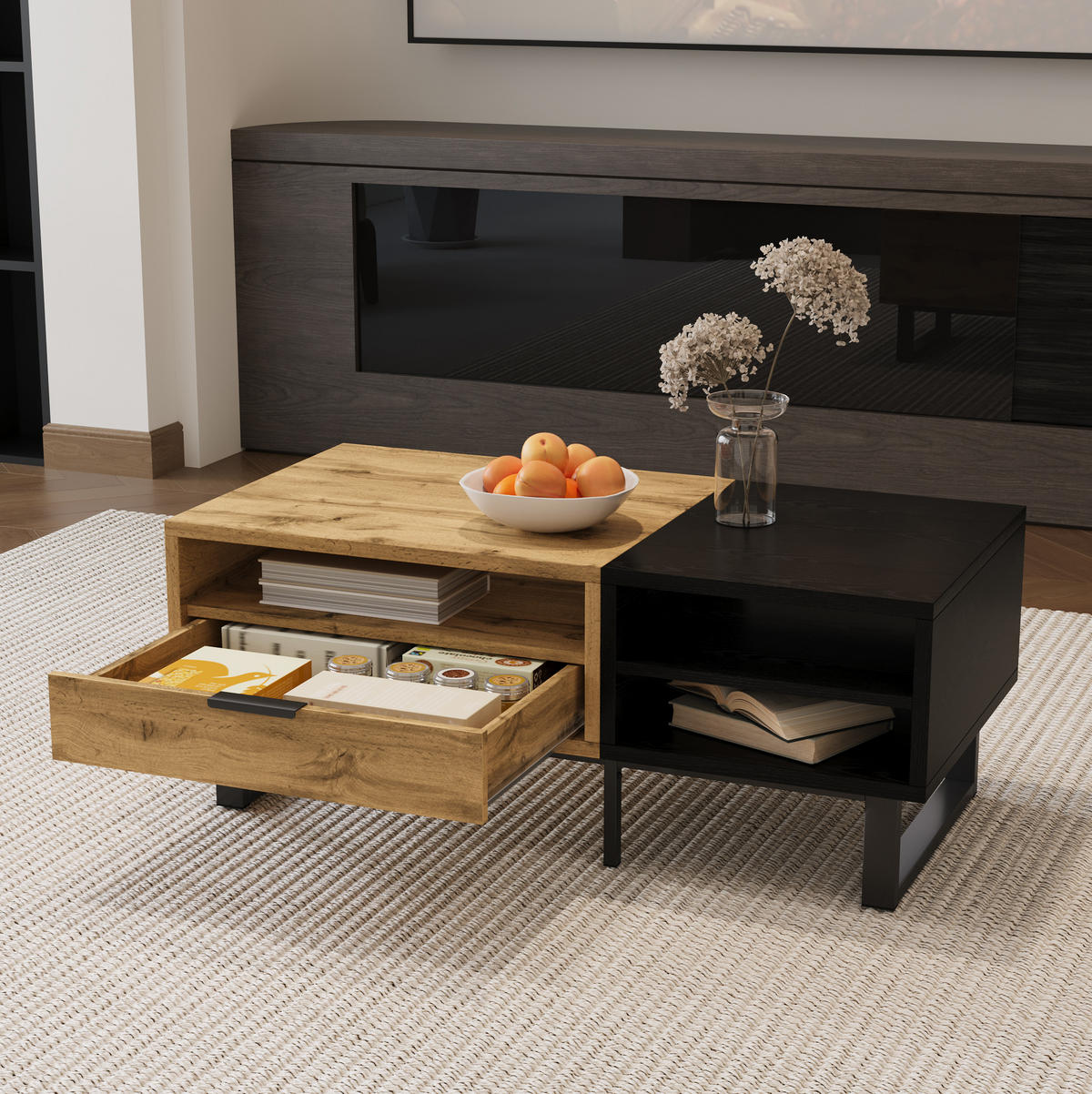 COUCHTISCH 100/50/40 cm mit 3 offenen Fächern und Schublade in Natur/Schwarz - Naturfarben, Holzwerkstoff (100/50/40cm) - Flora Grace