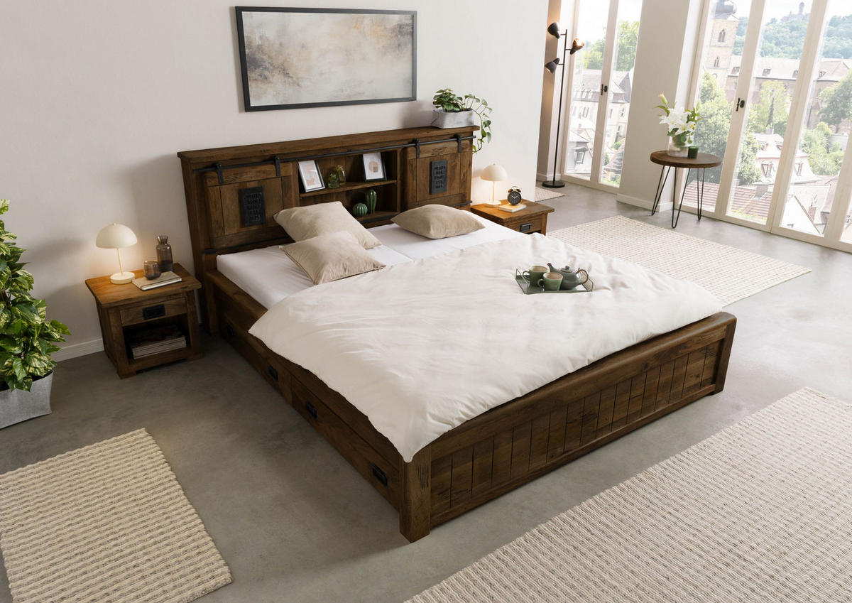 HOLZBETT mit Schublade Mango 180x200 braun lackiert RAILWAY #472 - Braun, Holz (180/200cm) - Massivmoebel24