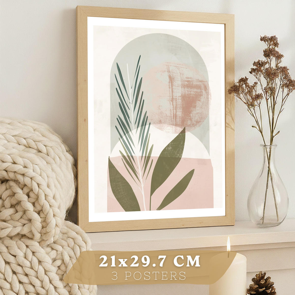 PLAKAT Sada 3 dekorativních nástěnných tisků, zelené a růžové rostliny, pro moderní dekoraci obývacího, velikost Světlý dřevěný rám A4 - béžová, papír (21/29.7/3cm) - Nacnic