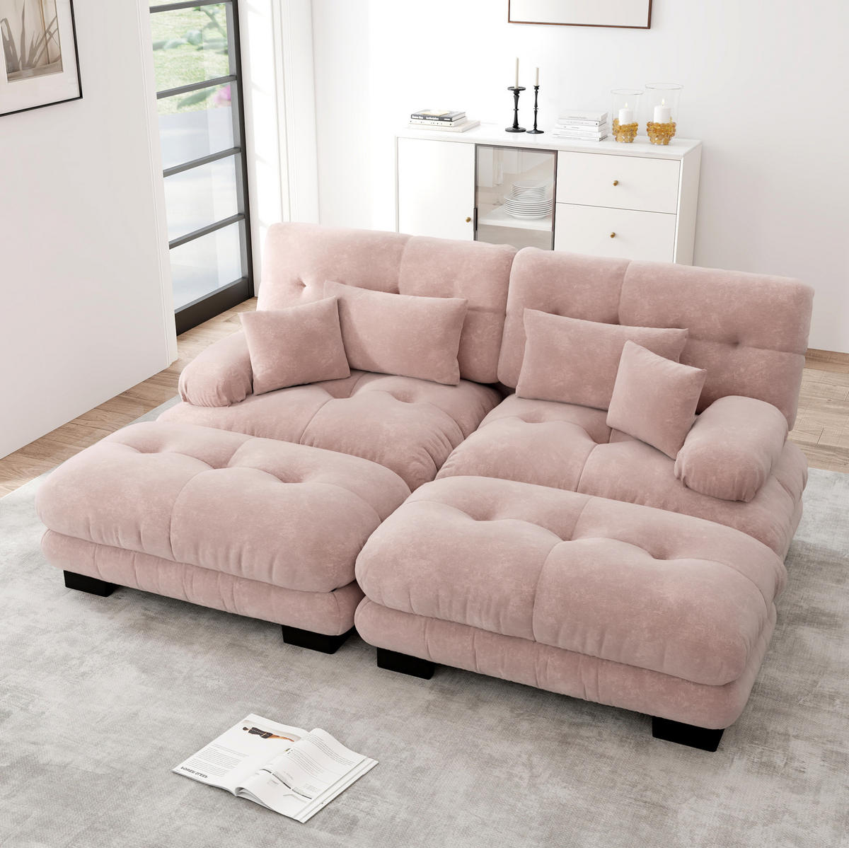 ECKSOFA mit modularem Design, beweglichen Ottomane, Deko- und Lendenkissen aus Chenille, Pink - Pink, Textil (220/145cm) - Redom