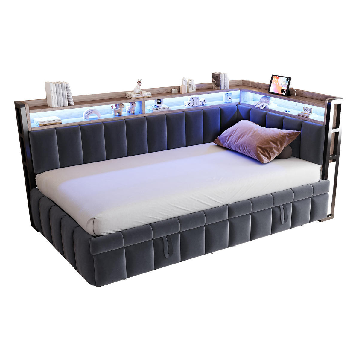 SCHLAFSOFA 90x200cm mit Ausziehbett, LED, USB-C, Dunkelgrau - Grau, Textil (90/200cm) - FLIEKS