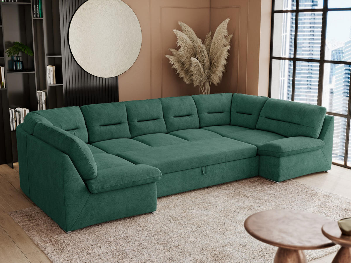 WOHNLANDSCHAFT COMODO U Grün Struktur - Silberfarben/Grün, Textil/Metall (340/93/206cm) - MKS