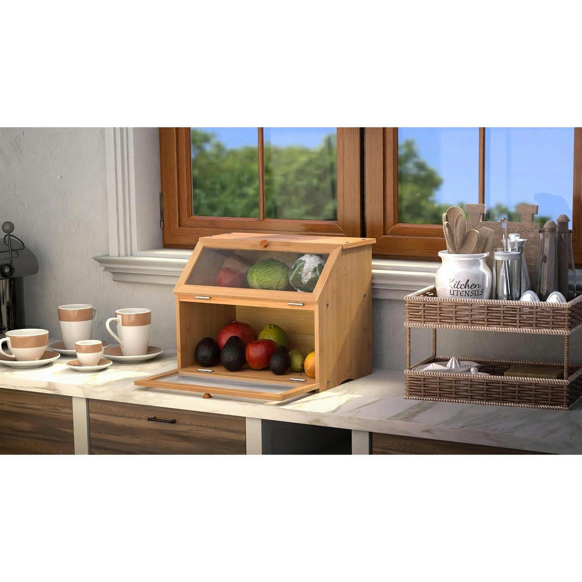 BROTKASTEN Bambus 2 Etagen 39x25x32cm - Hellbraun, Naturmaterialien (25/32/39cm)