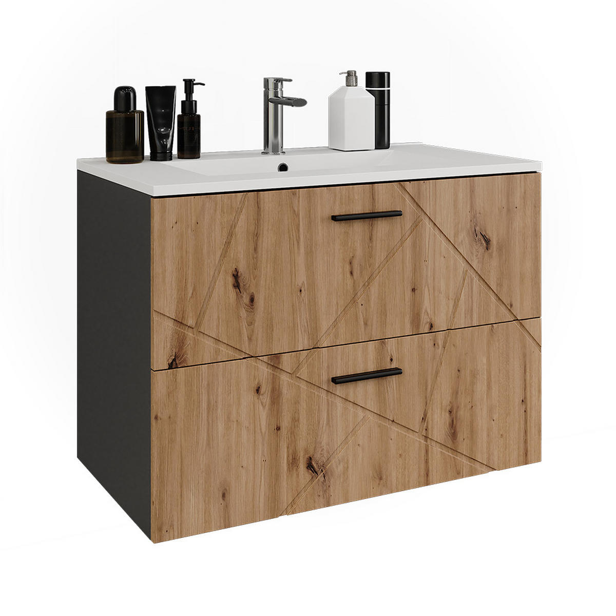 WASCHBECKENUNTERSCHRANK Irma Anthrazit/Artisan 80 x 57 cm mit 2 Schubladen - Anthrazit/Eiche Artisan, Holzwerkstoff (80/57/44.6cm) - Vicco