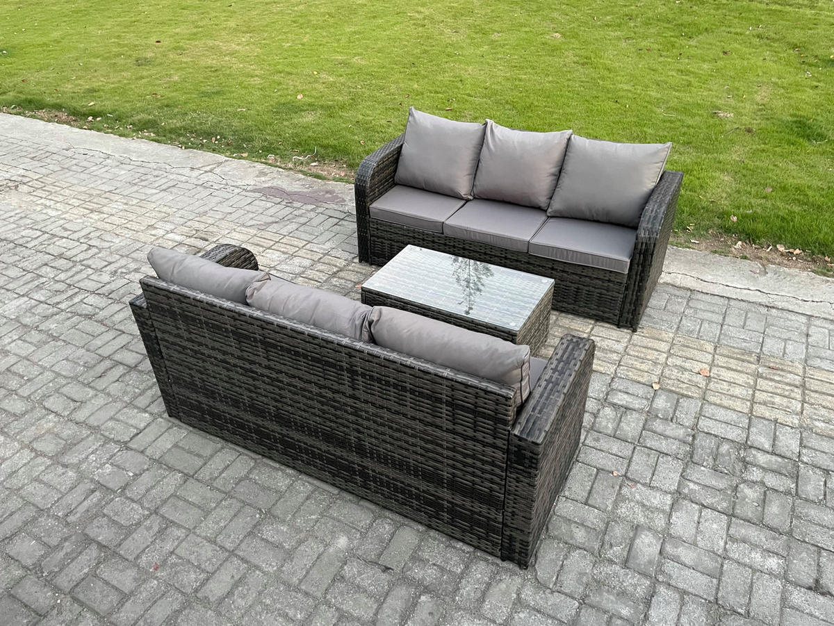 GARTENMÖBEL-SET mit Kissen Polyrattan Dunkelgrau 6-Sitzer - Dunkelgrau/Grau, Glas/Kunststoff - Fimous