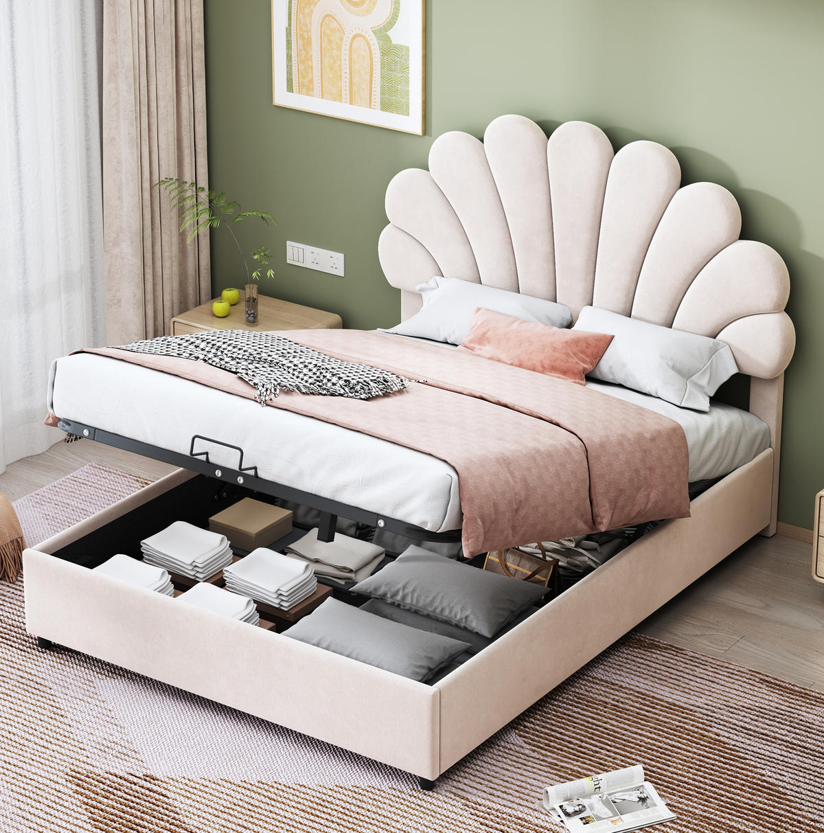 POLSTERBETT 140/200 cm in Beige mit Stauraum und floralem Kopfteil - Beige, Textil (140/200cm) - Flora Grace