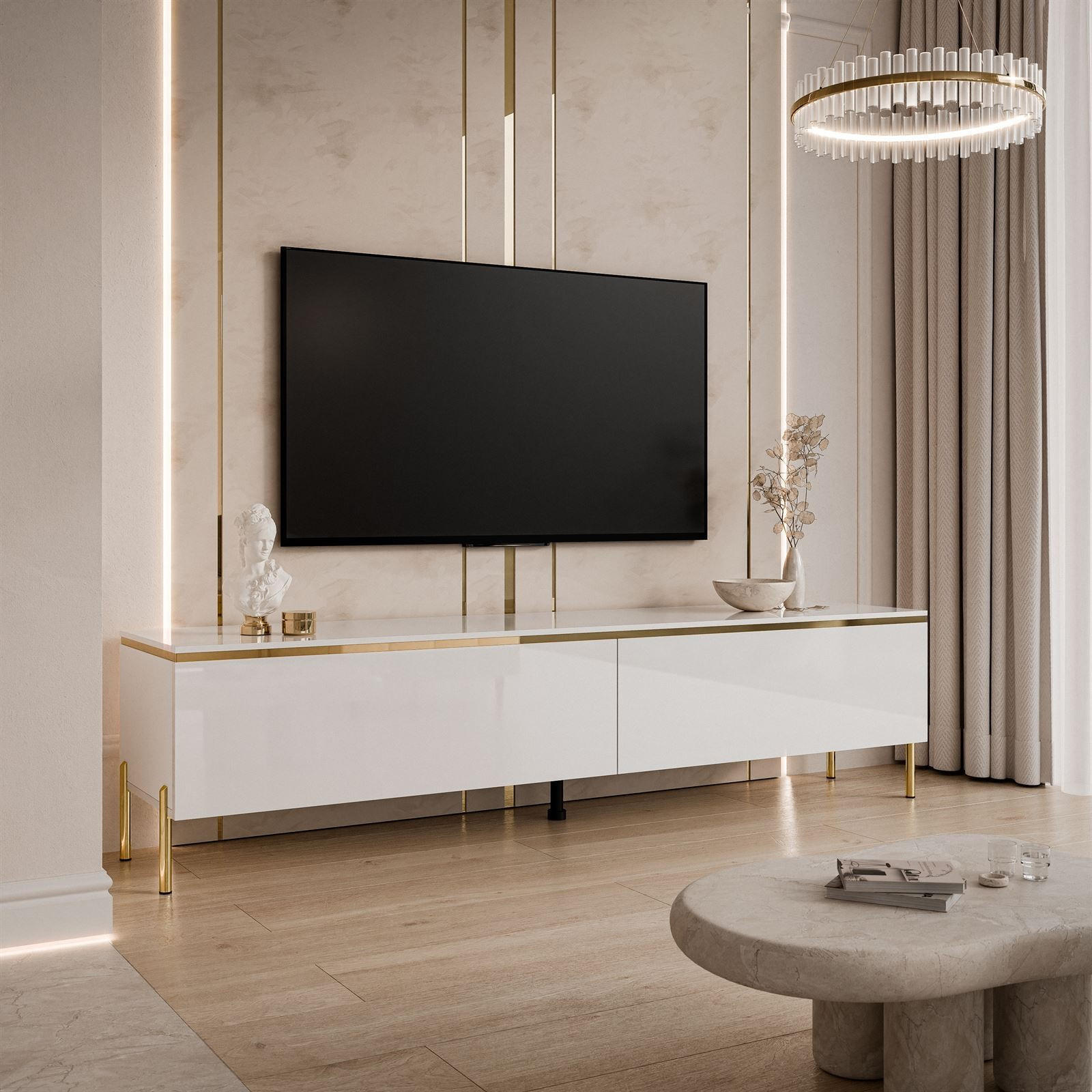 TV-LOWBOARD AURORA Weiß mit gerade Goldchrom Fuße - Weiß Hochglanz/Goldfarben, Holzwerkstoff/Metall (180/46/40cm) - Lookway