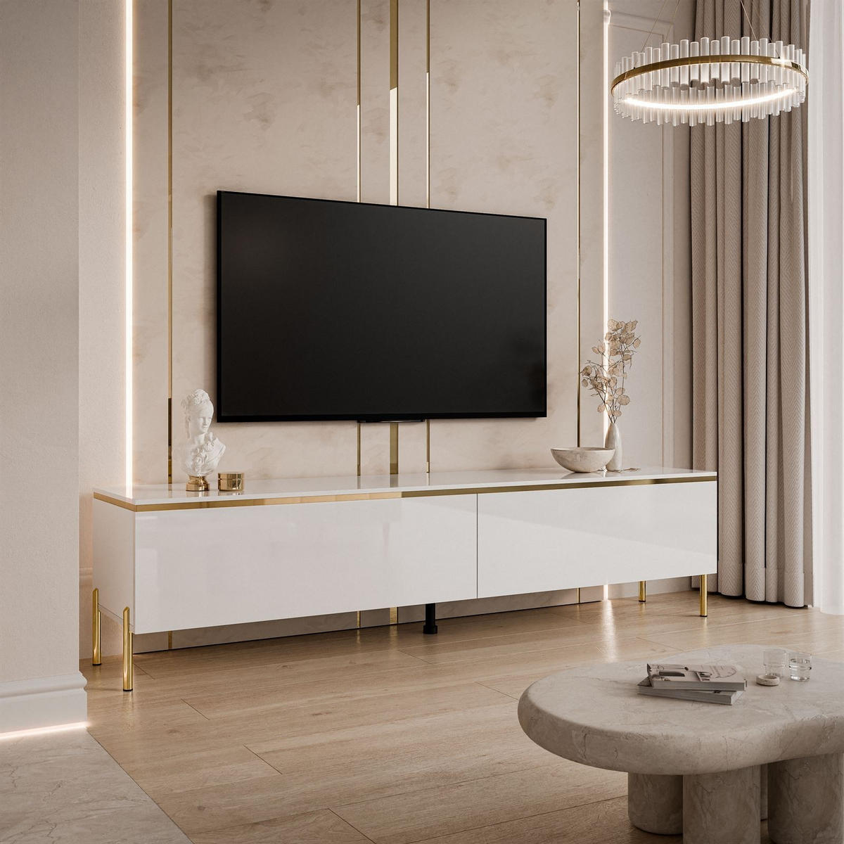 TV-LOWBOARD AURORA Weiß mit gerade Goldchrom Fuße - Weiß Hochglanz/Goldfarben, Holzwerkstoff/Metall (180/46/40cm) - Lookway