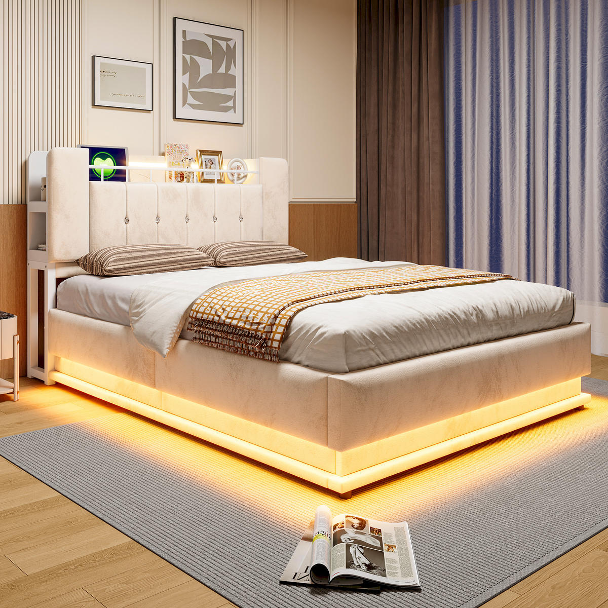 STAURAUMBETT 140/200 cm mit LED und Stauraum, DE-02116, in Beige - Beige, Metall (140/200cm) - ComfortXL