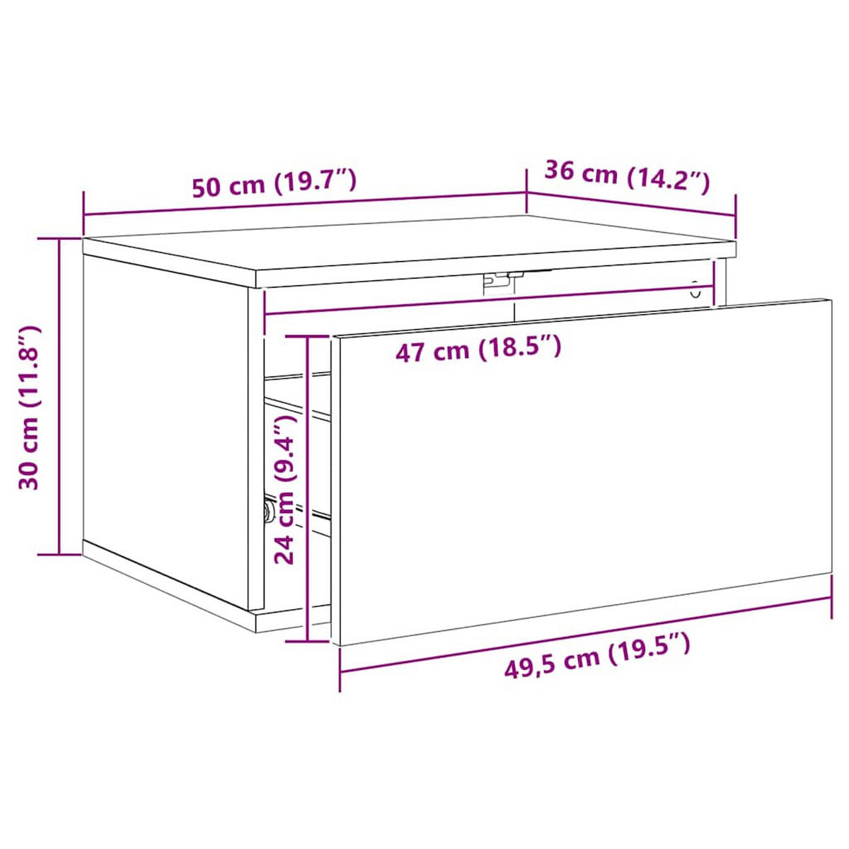 NACHTTISCH hängend mit Led-Leuchten 50/36/30 cm aus Holzwerkstoff in Betongrau - Hellgrau, Holz (50/30/36cm) - vidaXL