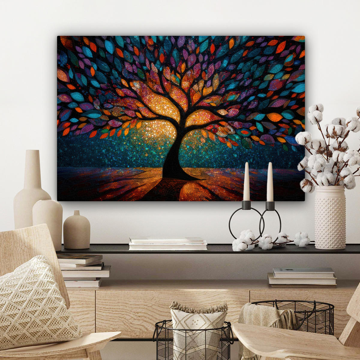 LEINWANDBILD Mosaik - Bunt - Baum - Äste Wanddeko 90x60 cm - Multicolor, Textil (90/60cm) - MuchoWow