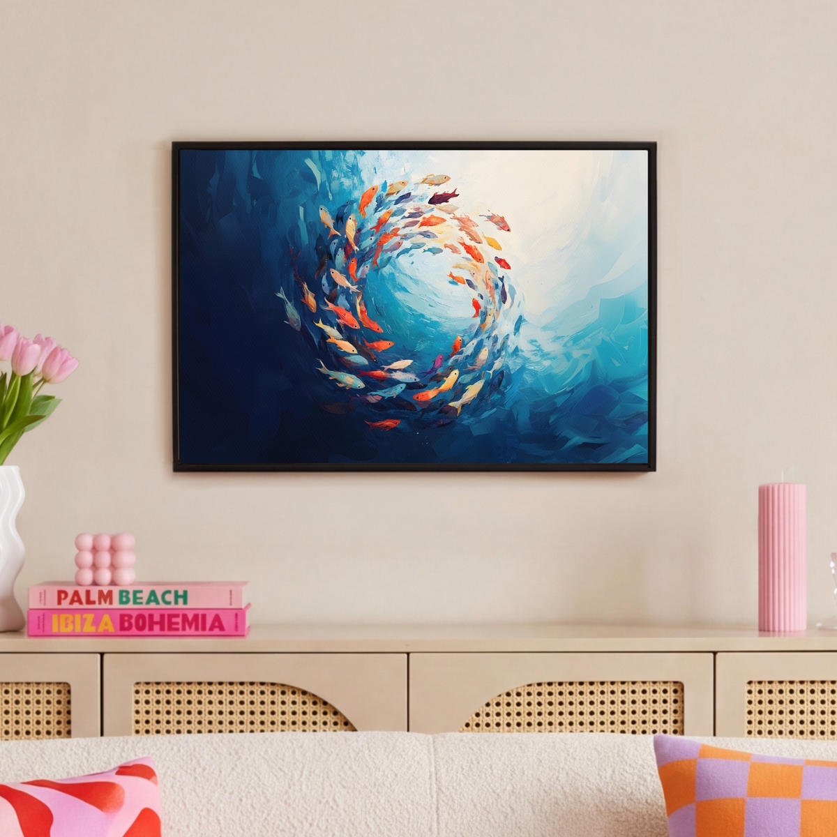 LEINWAND Bilder mit Rahmen - Meer - Fische - Bunt - Dynamisch - 60x40 - Hellblau, Textil (60/40cm) - MuchoWow