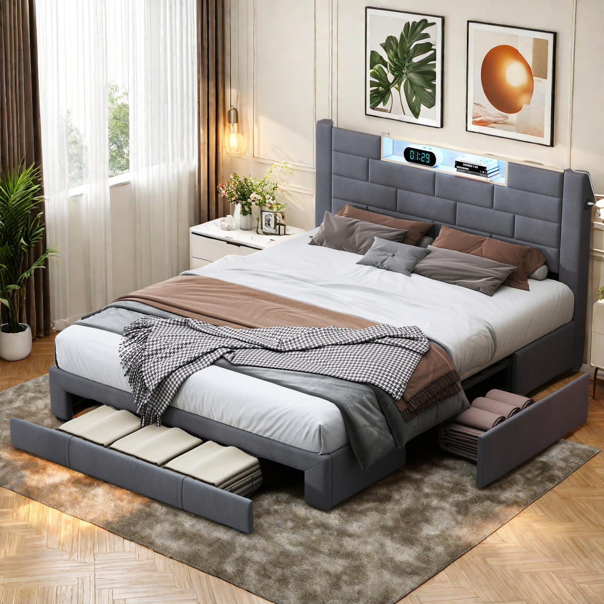 POLSTERBETT 140x200 cm Grau mit LED USB 3 Schubladen - Grau, Metall (140/200cm) - SHOPENTRA