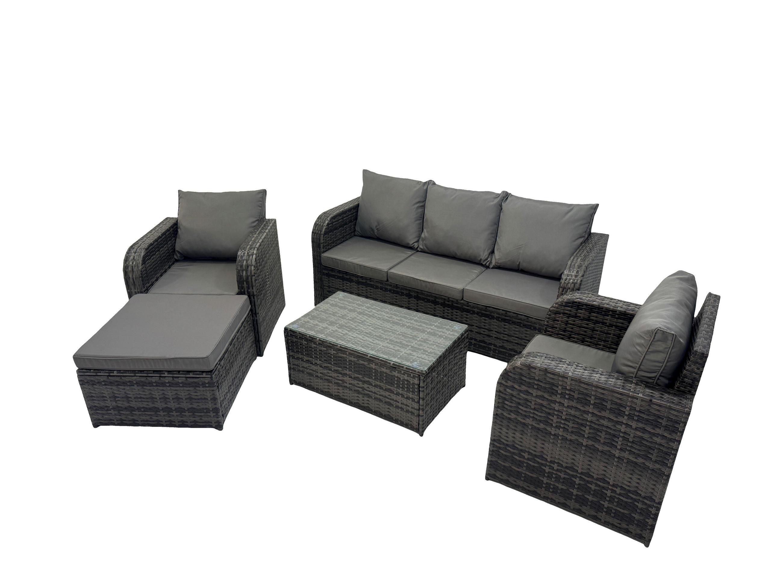 GARTENMÖBELSET mit Couchtisch Polyrattan 6-Sitzer - Dunkelgrau/Grau, Glas/Kunststoff - Fimous