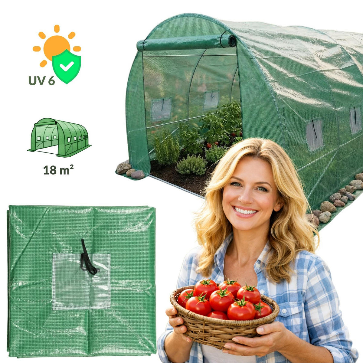 FOLIE FÜR GARTENFOLIENTUNNEL Vana 6 x 3 m - Grün, Kunststoff (300/200/600cm) - EDENIA