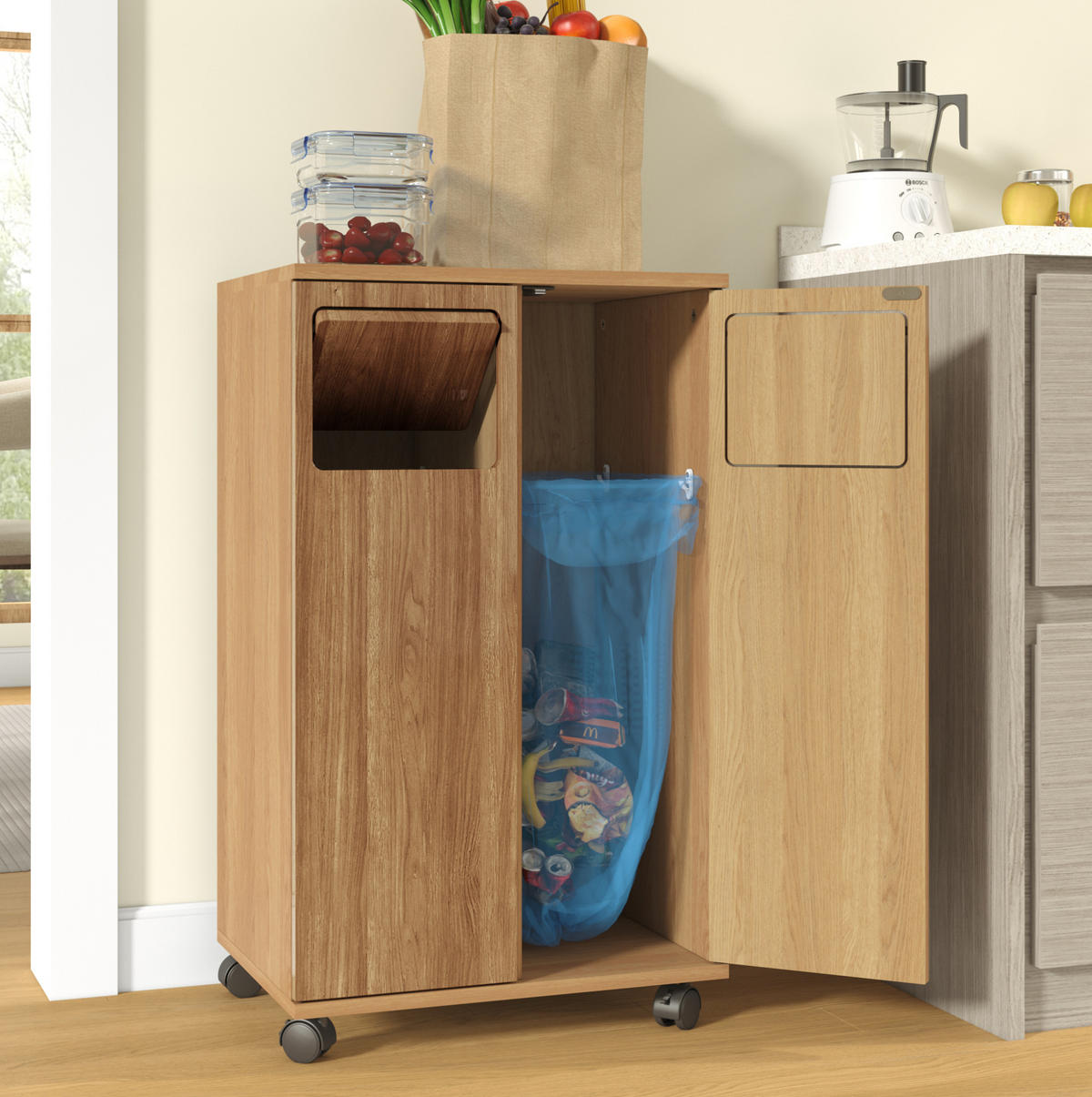 KOMODAIĆ za otpad od MDF-a, 46,7/35/80 cm, prirodni hrastov dekor, na kotačićima - prirodne boje, drvni materijal (46/80/35cm) - Modenvie
