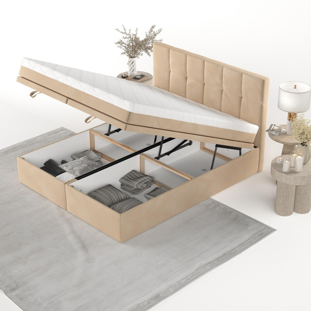 BOXBETT Elano 160/200 cm Beige im Kronos Stoff - Beige/Schwarz, Holz/Holzwerkstoff (160/200cm) - AltaBeds