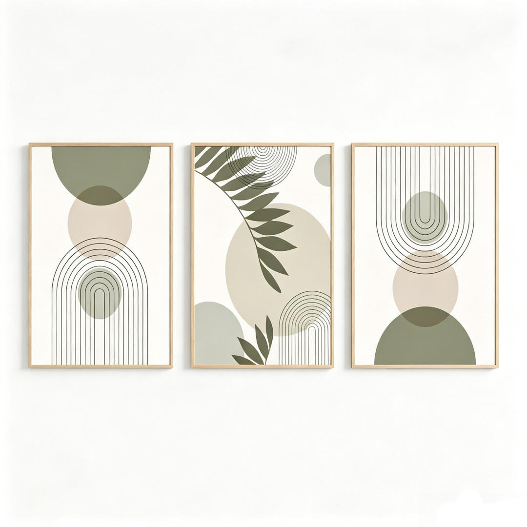 WANDDEKO Boho 60x90cm Grün Pflanzen Abstrakt，rahmenlos，3-teilig Set - Olivgrün, Textil (60/1cm) - Authentics