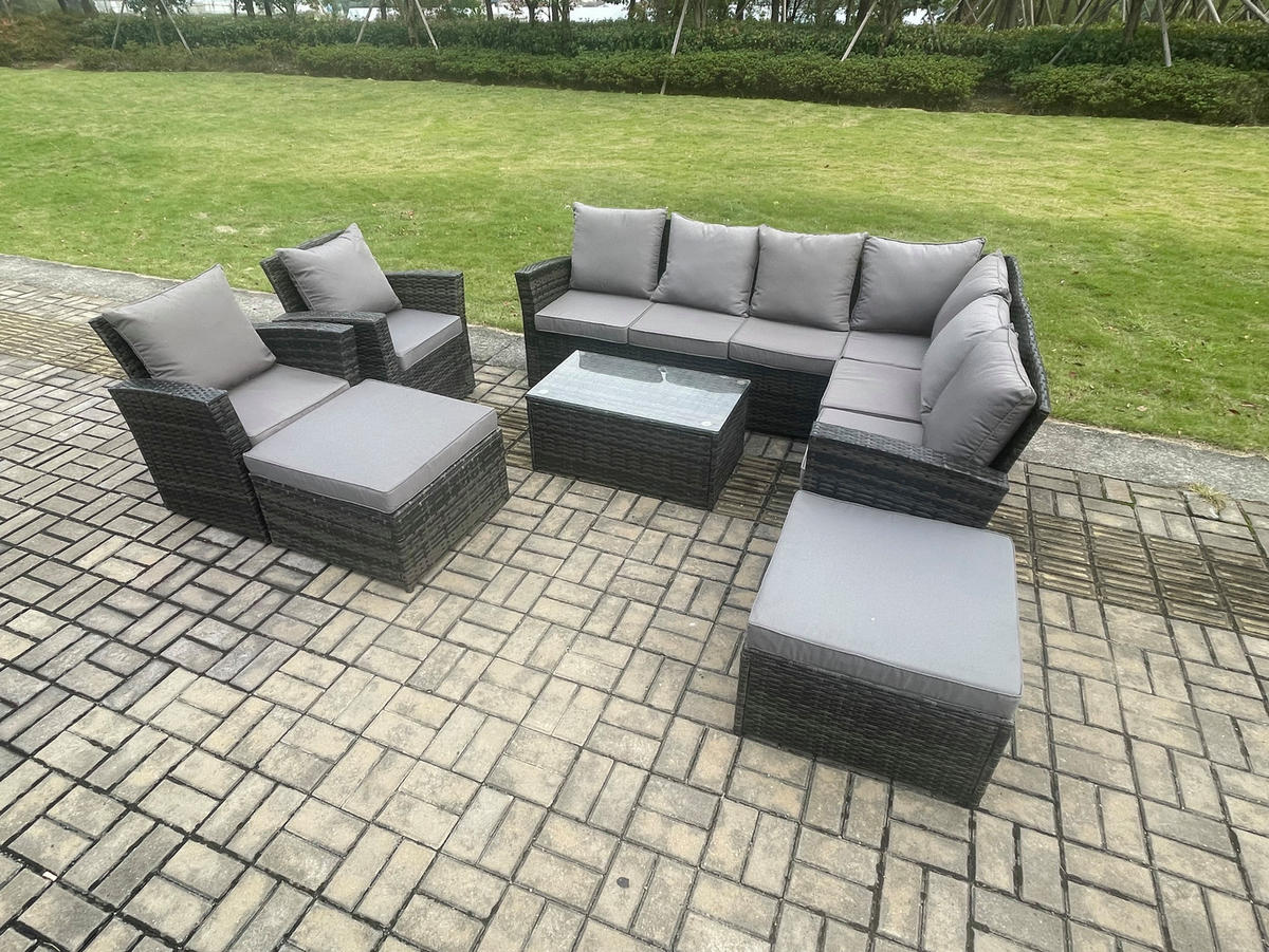 LOUNGEGARNITUR mit Couchtisch Sofa Polyrattan Dunkelgrau 10-Sitzer - Dunkelgrau/Grau, Glas/Kunststoff - Fimous
