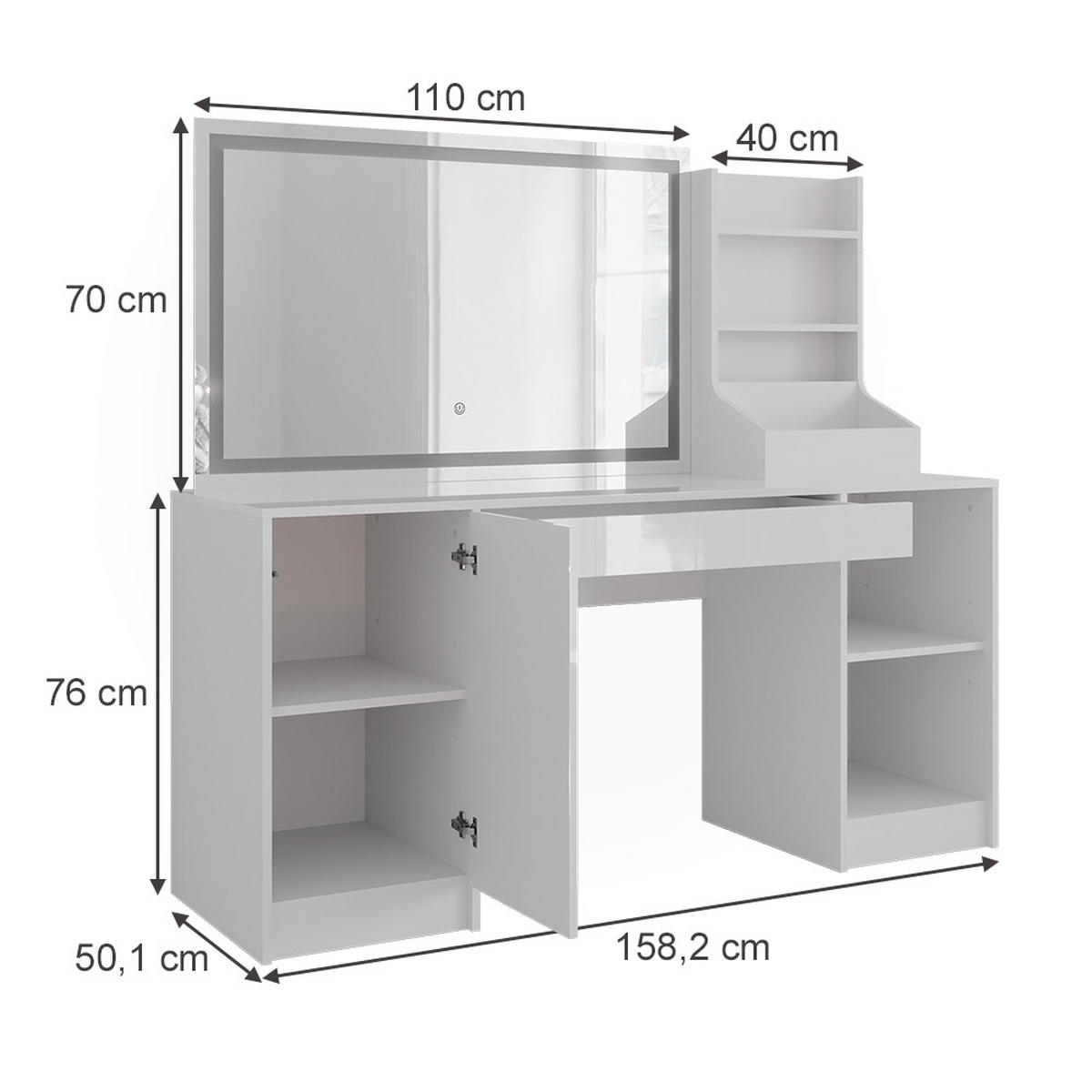 SCHMINKTISCH Sherry Weiß/Weiß Hochglanz 158.2 cm 3 Teile - Weiß Hochglanz, Holzwerkstoff (158.2/76/50.1cm) - Vicco