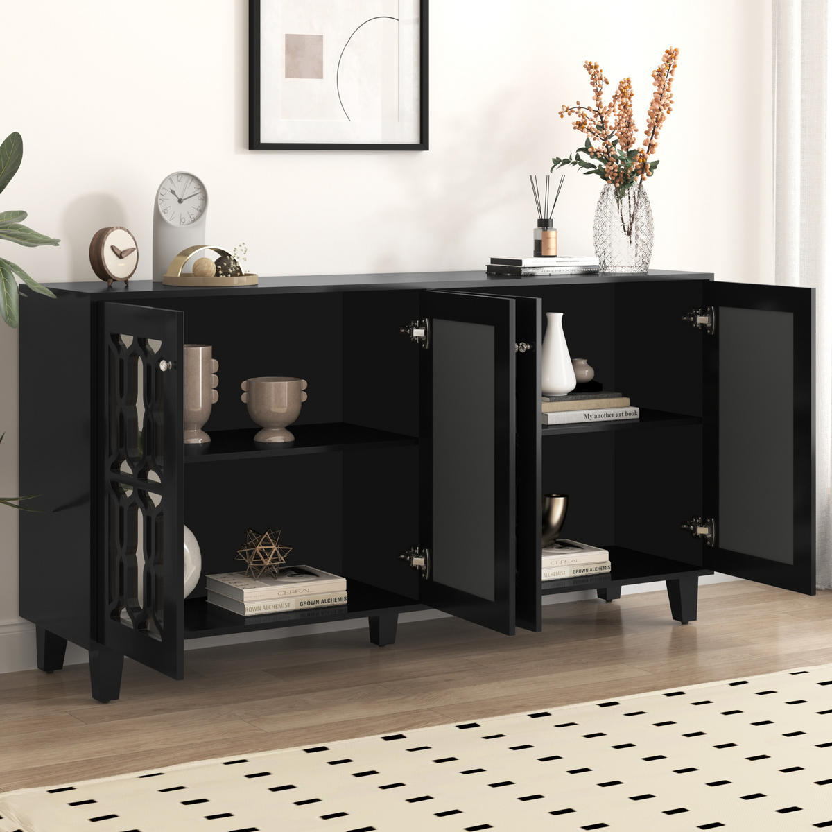 KOMMODE aus MDF 160x40x84cm in Schwarz mit Spiegeloberfläche - Schwarz, Holzwerkstoff (160/84/40cm) - Modfu