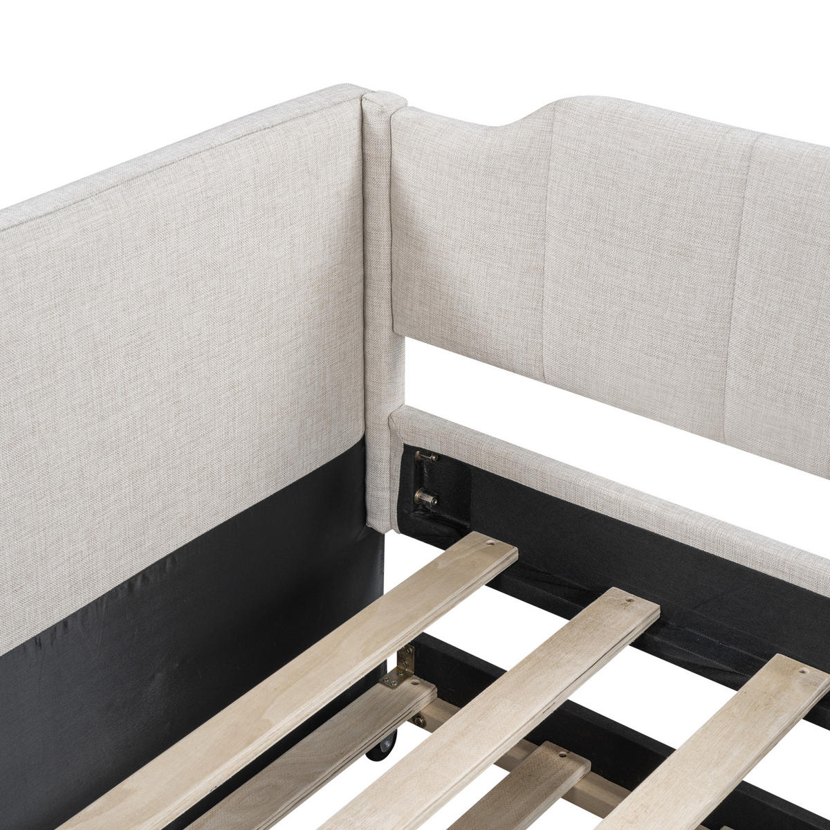 POLSTERBETT 90/200 cm Beige aus Leinen und Sperrholz mit Rollbett - Beige, Textil (90/200cm) - OKMYHOME