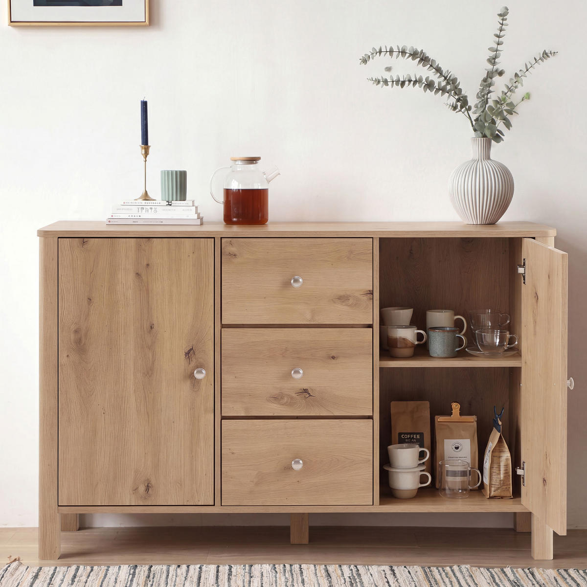 SIDEBOARD DE-38869 120/40/80 cm 3 Schubladen und 2 Türen Eiche - Eichefarben, Holzwerkstoff (120/80/40cm) - ComfortXL