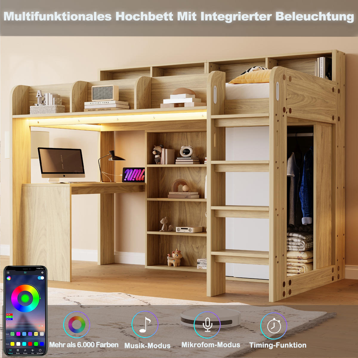 HOCHBETT 90x200 Holz Schreibtisch Schrank LED - Naturfarben, Holzwerkstoff (90/200cm) - FLIEKS