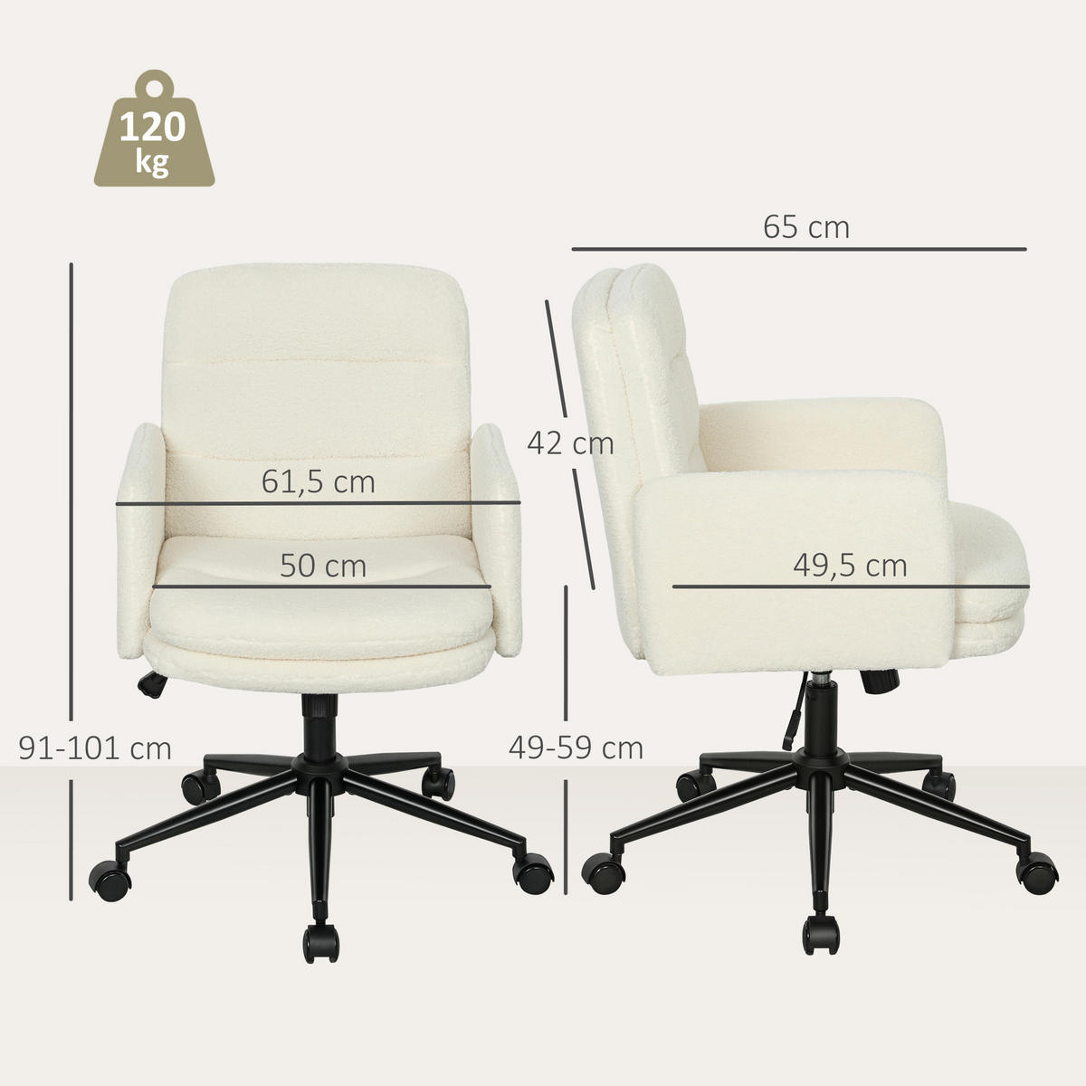 SCHREIBTISCHSTUHL höhenverstellbar Homeoffice Stuhl mit Bouclé-Optik, Cremeweiß - Creme/Schwarz, Textil/Metall (61.5/101/65cm) - HOMCOM