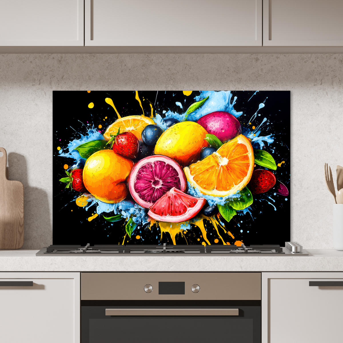 SPRITZSCHUTZ KÜCHE Obst - Graffiti - Bunt - Orange - Erdbeere - Abstrakt 90x60 cm - Orange, Metall (90/0.3/60cm) - MuchoWow