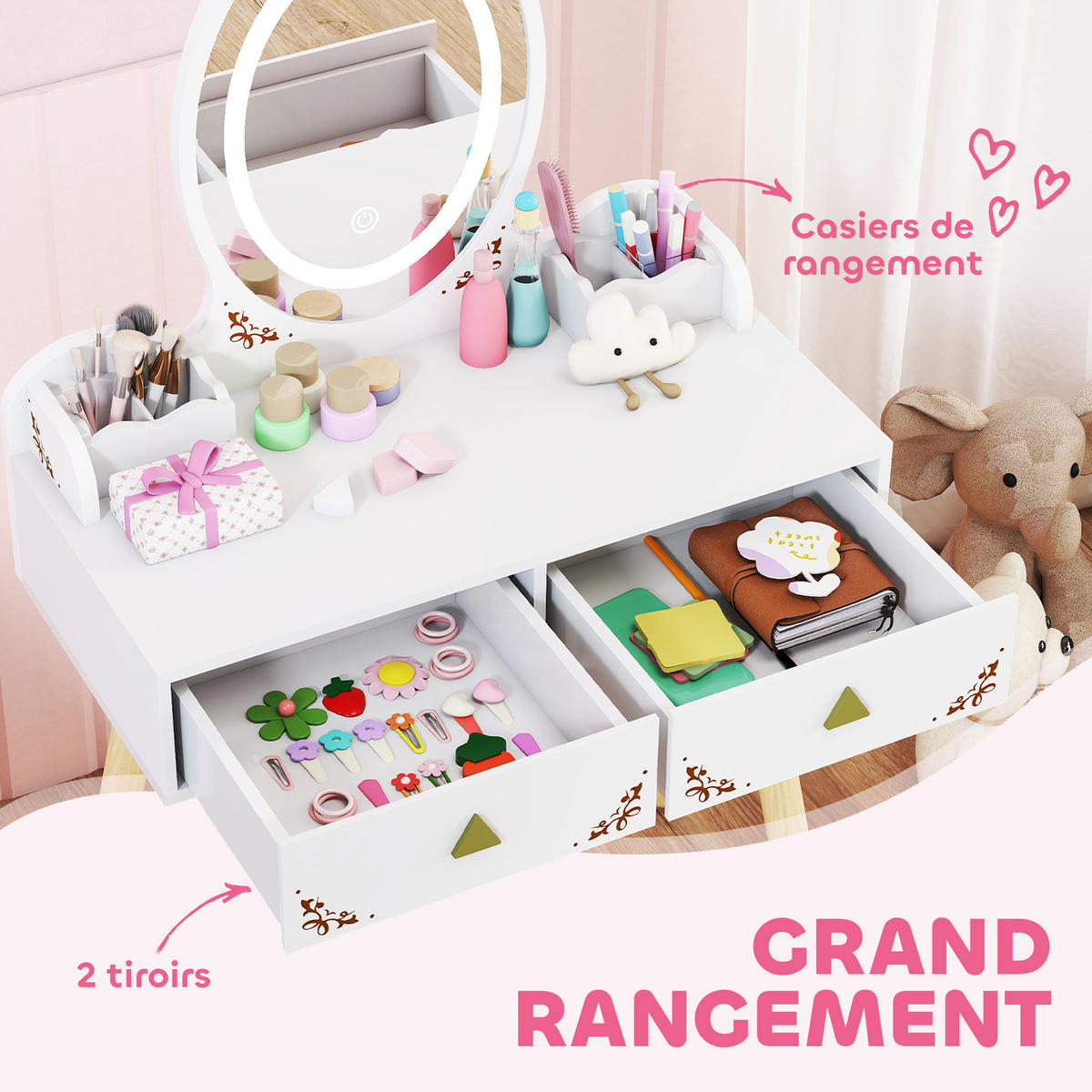 KINDERSCHMINKTISCH DE-18638 2-in-1 mit 3-farbigem LED-Spiegel Weiß - Weiß, Holzwerkstoff (30/99.3/60cm) - ComfortXL